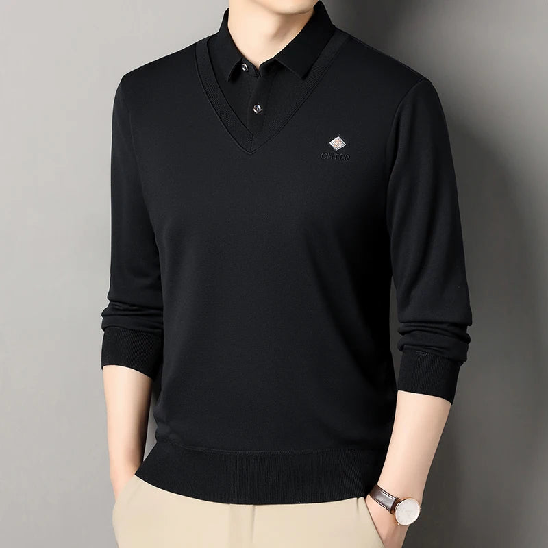 Men's Fleece Lined Sweater Polo Collar Pullover Tops Fashion Business Causal Pullovers Korean Slim Fit Thick Winter Clothes