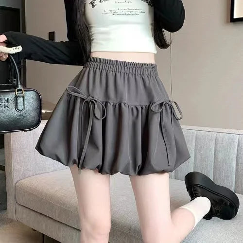 Zjaiss 2026 Summer Ballet Style Bow A-Line Women's Mini Skirts High Elastic Waist Tie Pleated Bud Balloon Skirt