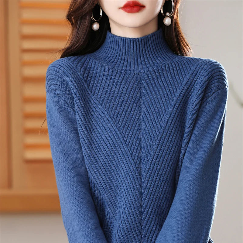 Women 100% Cotton Knit Sweater Half-high Collar Stripe Pullover Autumn Winter Thickened Bottoming Clothing Casual Knitted Tops