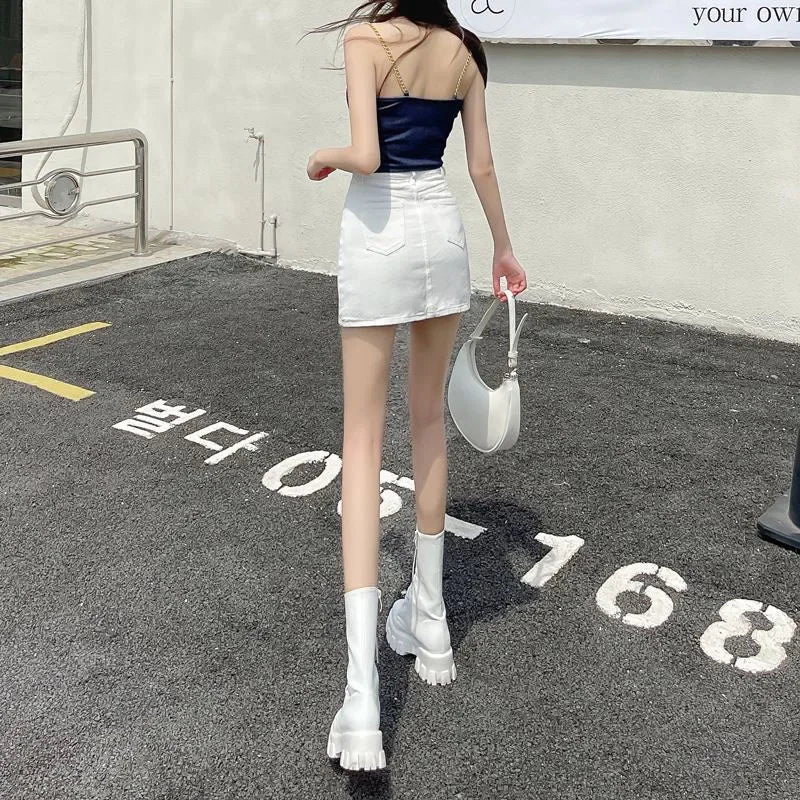 Smvp White Denim Skirts Women Spring Summer Korean High Waist Package Hip Skirt Woman Casual Simple Wild Jean Mini Skirts