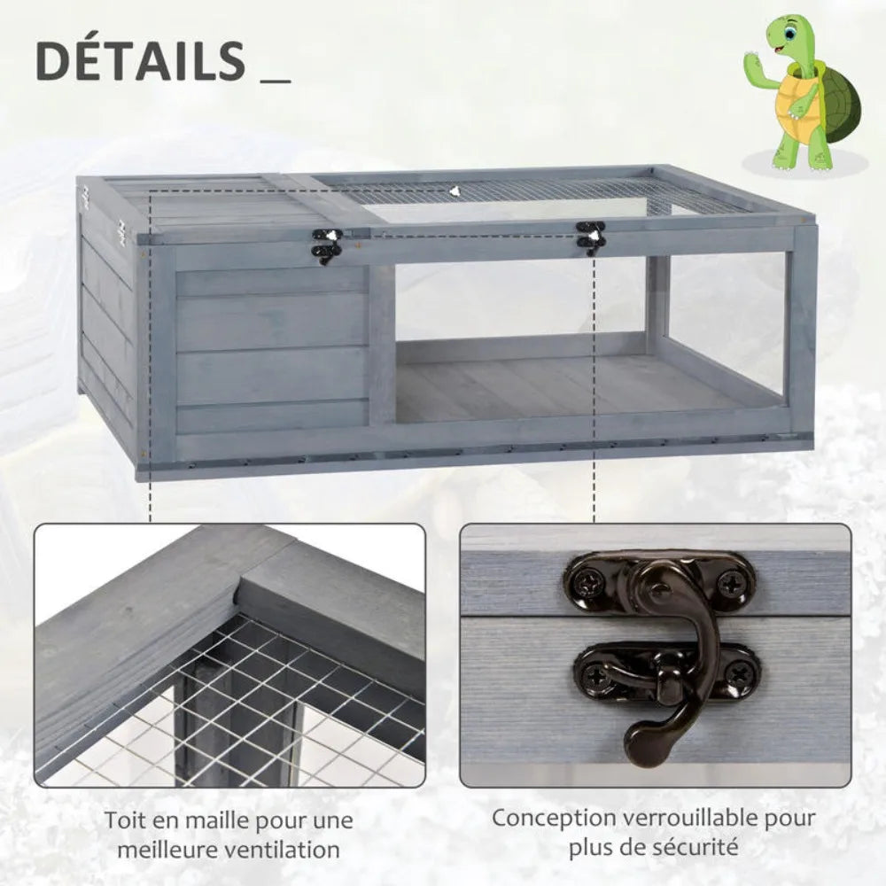 Enclosed House Cage Habitat for Small Animals Turtles with 2 Spaces 91 X 60.5 X 32 cm Solid Wood Gray