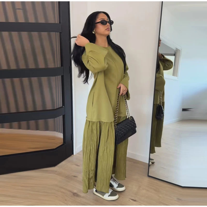 2026 Summer New Loose Patchwork Dresses Women's Pleated Fashion Short Sleeve O-neck Long Robes Female Elegant Casual Dress