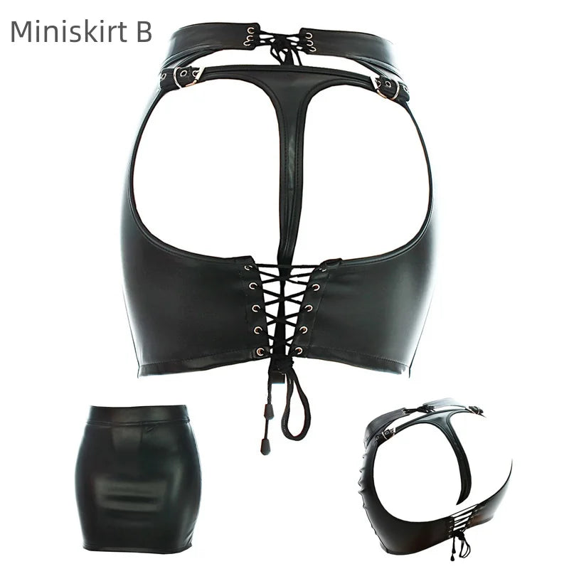 Sexy Leather Belted Shorts with Fetish Slave Bondage Hip Revealing Miniskirt for Women BDSM Role Play Night Club Costumes