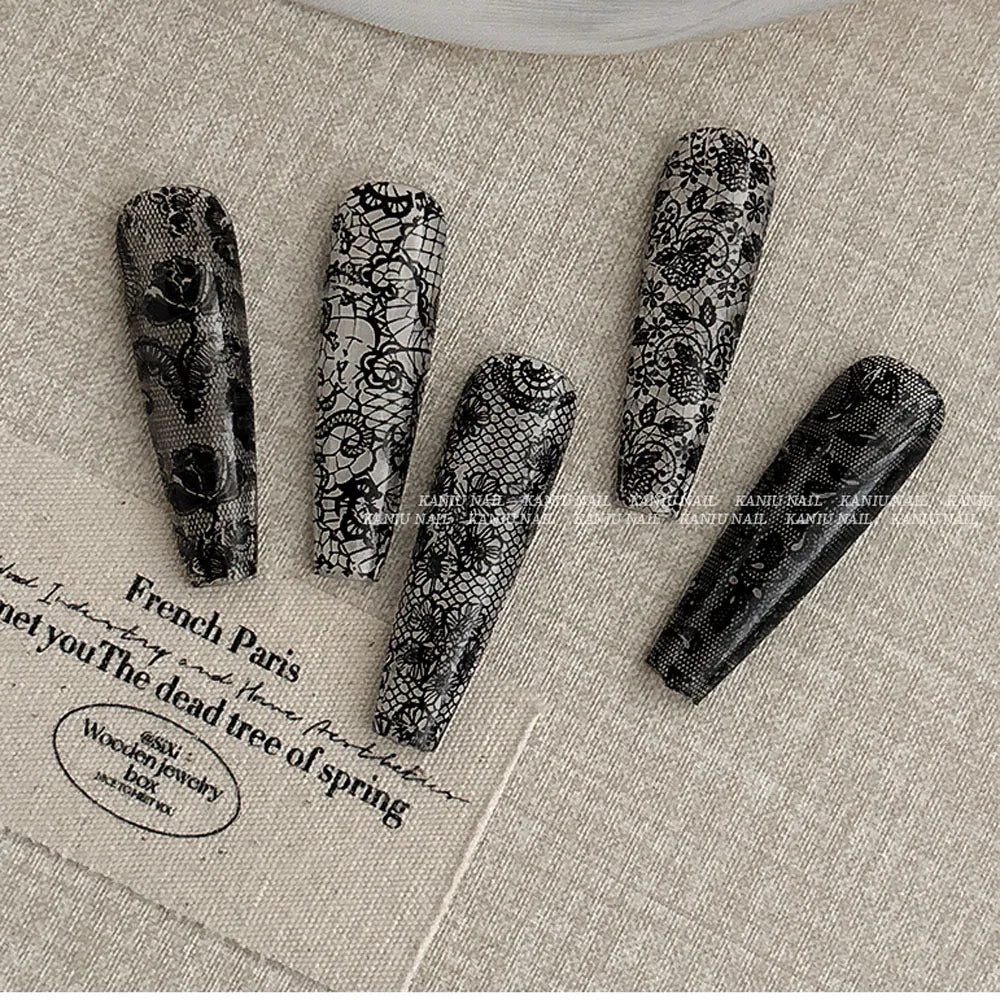 10 Rolls/Box New Black&White Lace Nail Transfer Stickers Sexy Lace Flower Full Wraps Nail Decals DIY French Manicure Decorations