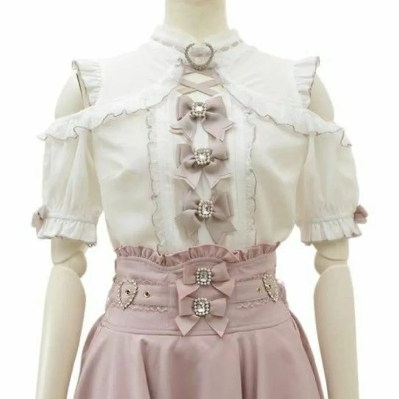 Women Japanese Sweet Lolita Blouses Summer Elegant Bow Off Shoulder JK Shirt Female Gothic Hot Girls Casual Lace Ruffles Tops