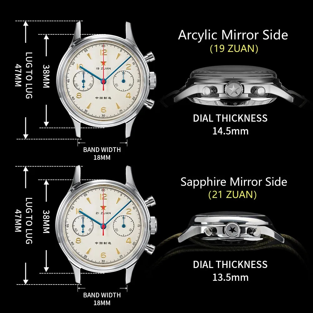 RED STAR 38mm Men's 1963 Chronograph Mechanical Watch Pilot with Seagull Movement ST1901 Air Force Aviation Sapphire Goose 40mm