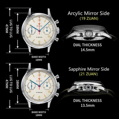 RED STAR 38mm Men's 1963 Chronograph Mechanical Watch Pilot with Seagull Movement ST1901 Air Force Aviation Sapphire Goose 40mm