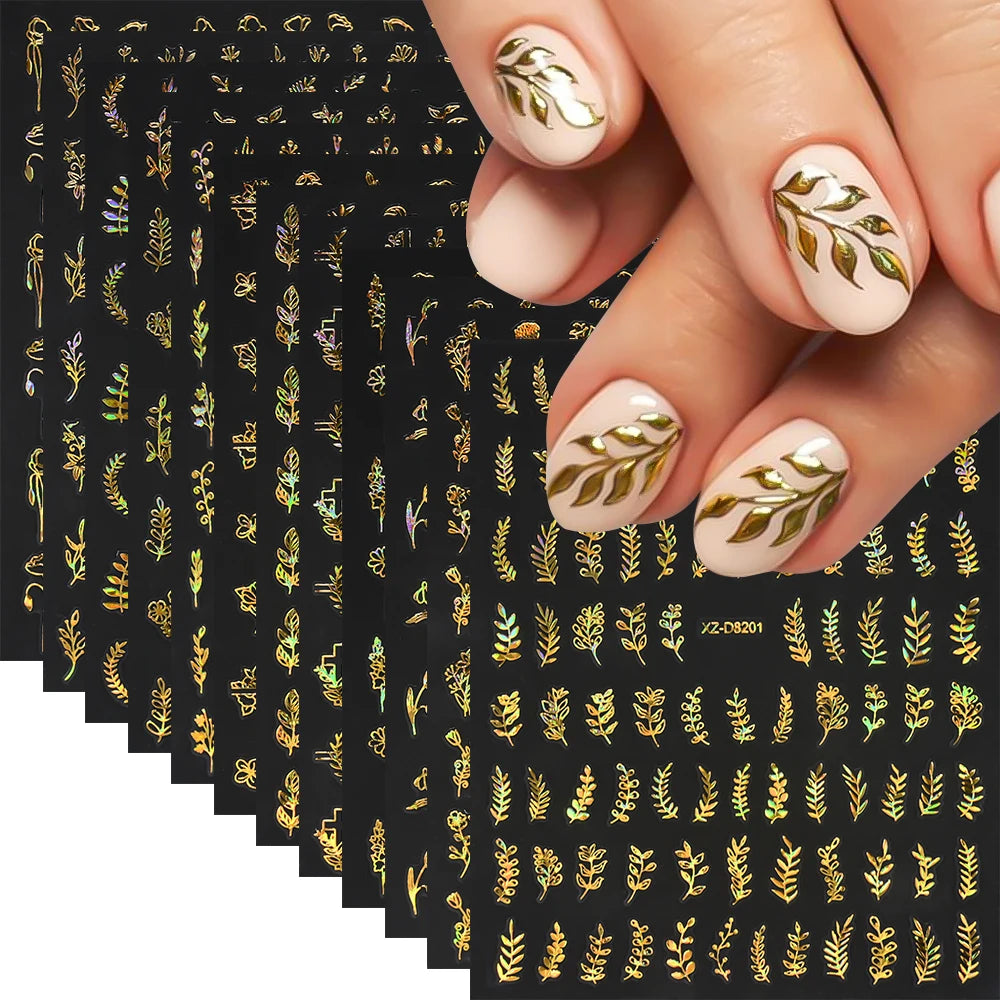 12pcs/set 3D Shiny Leaf Flower Nail Art Sticker Laer Gold Bronzing Leaves Nail Decals 8*10cm Self-Adhesive Nail Art Supplies e5#