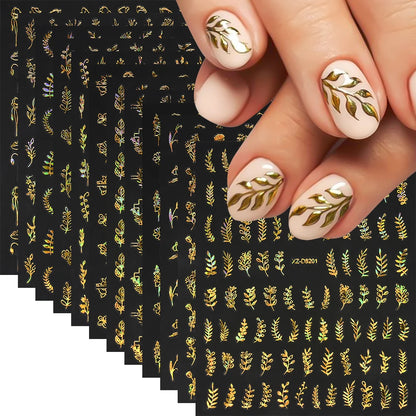 12pcs/set 3D Shiny Leaf Flower Nail Art Sticker Laer Gold Bronzing Leaves Nail Decals 8*10cm Self-Adhesive Nail Art Supplies e5#