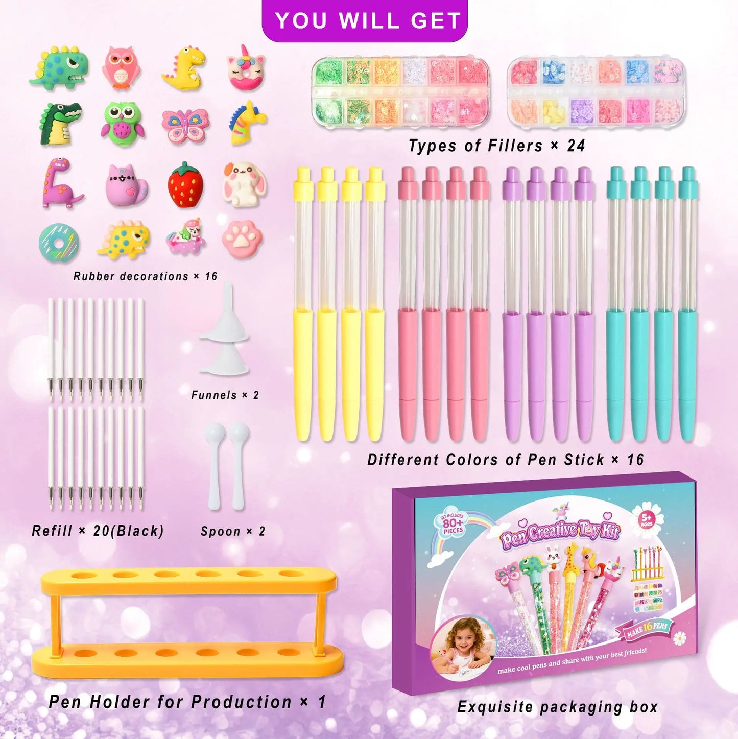 DIY Glitter Pen Making Kit Kids Craft Supplies 80+ Pieces Handmade Art Set Make 16 Pens Cartoon Decor Birthday Gift for Girls Bo