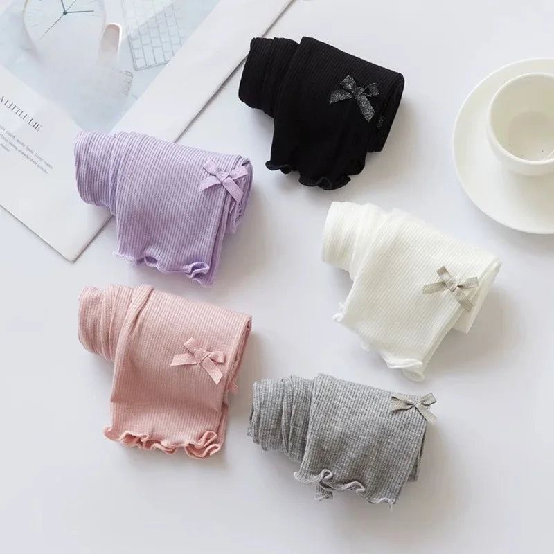 Summer 2026 kids Cropped Leggings Baby Girls Vintage Stripes Elastic Slim Lace cuffs Pants Leggings High Waist Girls Clothing