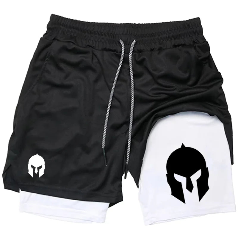 Men's Spartan Helmet Print Double Layer Gym Shorts, 2-in-1 Athletic Workout Running Casual Streetwear Short Pants WX099