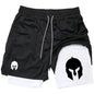 Men's Spartan Helmet Print Double Layer Gym Shorts, 2-in-1 Athletic Workout Running Casual Streetwear Short Pants WX099