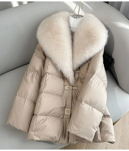 High end Faux Fox fur detachable Large Lapel fur Down Jacket For women 2025 Winter New Medium long Loose White goose Down Coats