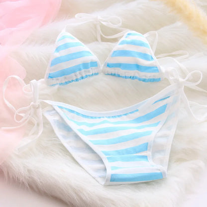 Lace-up Strap Blue and White Striped Set, Blue and White Fat Inner Two-piece Set Womens Lingerie Set  Bra Set  Sexy