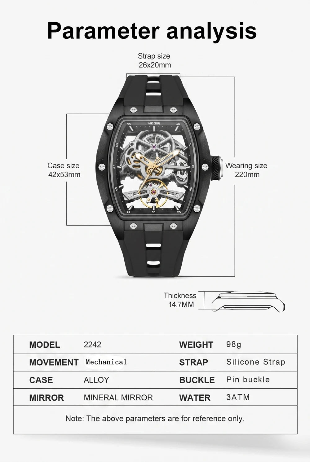 MEGIR Tonneau Skeleton Mechanical Watch Men Sport Wristwatch Silicone Strap Luxury Hollow Dial Male Automatic Mechanical Watches