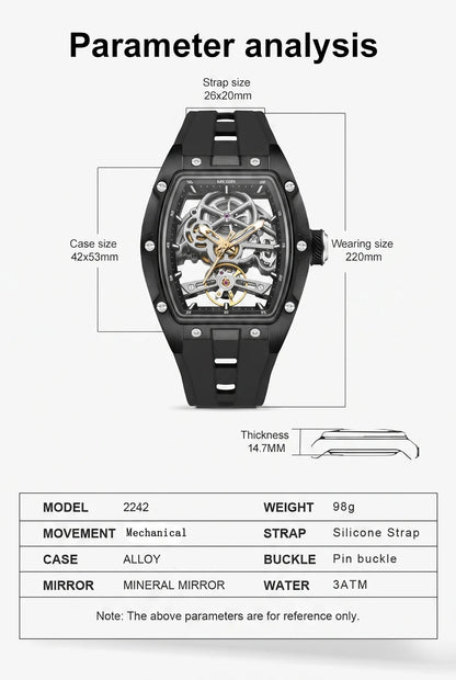 MEGIR Tonneau Skeleton Mechanical Watch Men Sport Wristwatch Silicone Strap Luxury Hollow Dial Male Automatic Mechanical Watches