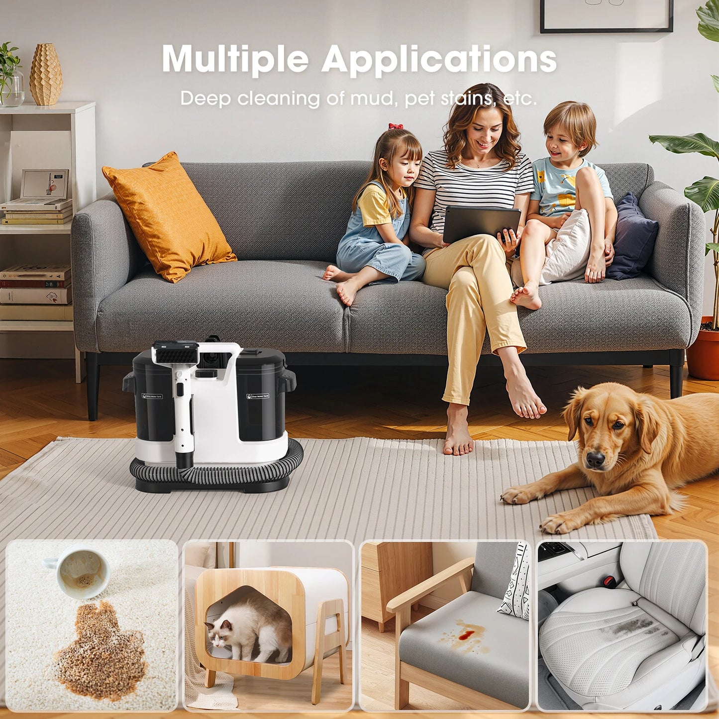 Powerful Carpet Cleaner 13.5 KPa Lubluelu V6 with 1.75L Dual Tanks, 5M Cord 1.7M Hose - Deep Clean Sofa Mattress Car Seat Pet Stains