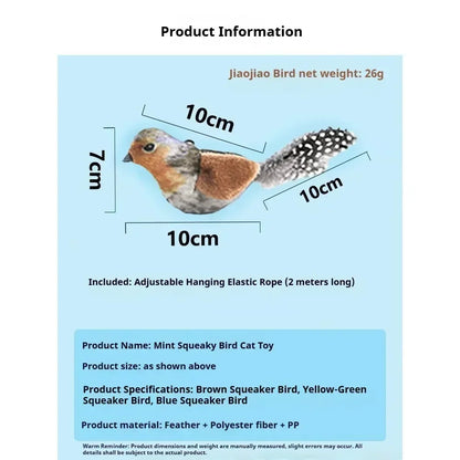 Bird Sound Cat Toy Brown Green Blue Color Options and Combination Set Plush Feather Hanging Teaser for Indoor Cats Chasing Play
