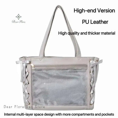 Japanese Sweet Women Ribbon Ita Bag Cute Lolita Girl Transparent Handbags Fashion Large Capacity Tote Bag Aesthetic Shoulder Bag