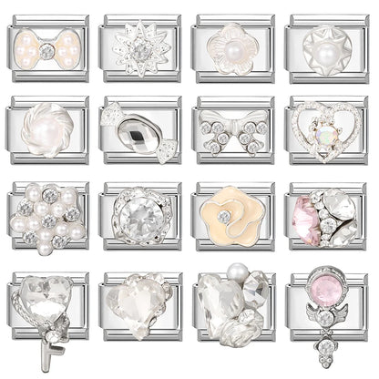 Zircon Pearl Heart Bow Candy Flower Butterfly Italian Charm Links Fit 9mm Stainless Steel Bracelet Personalized DIY Making Gifts