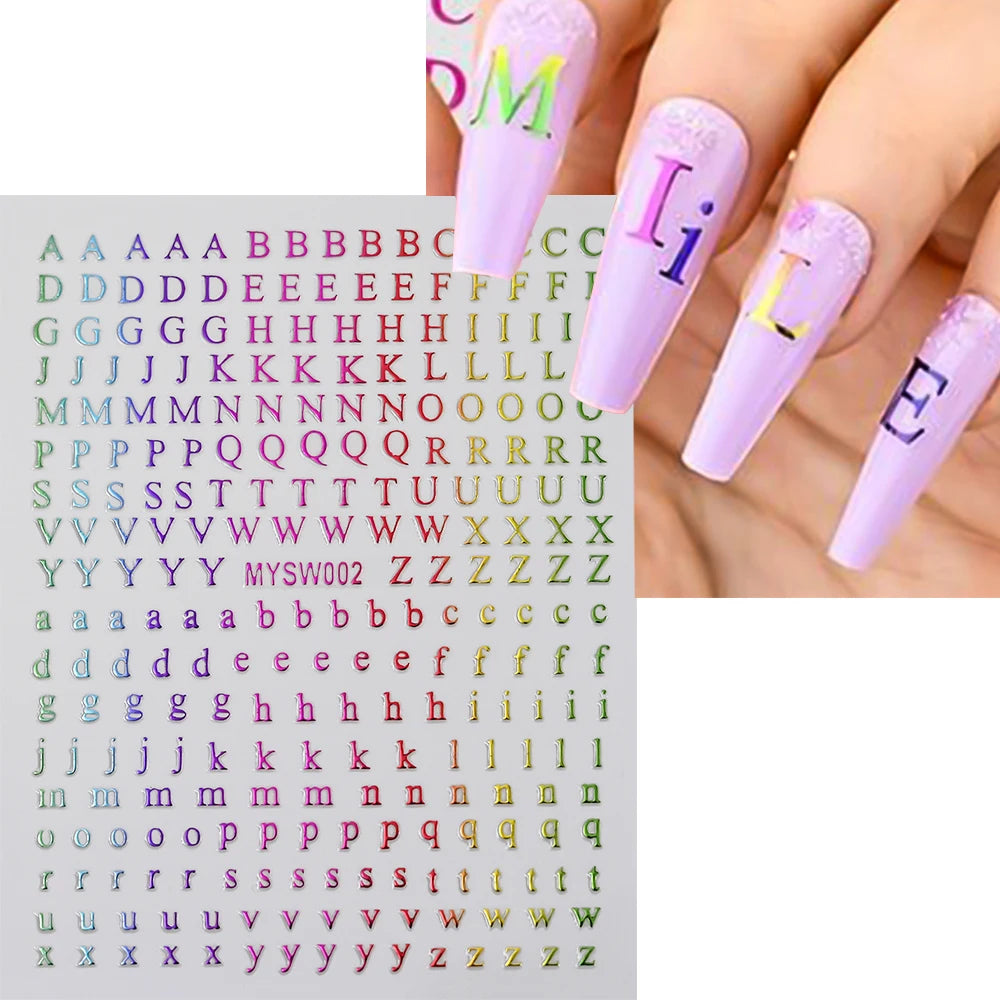 1Pc 3D Roman Letter Nail Stickers Gold/Silver/Black/Laser Alphabet Self Adhesive Decal Y2K English Words/Number Manicure Sliders