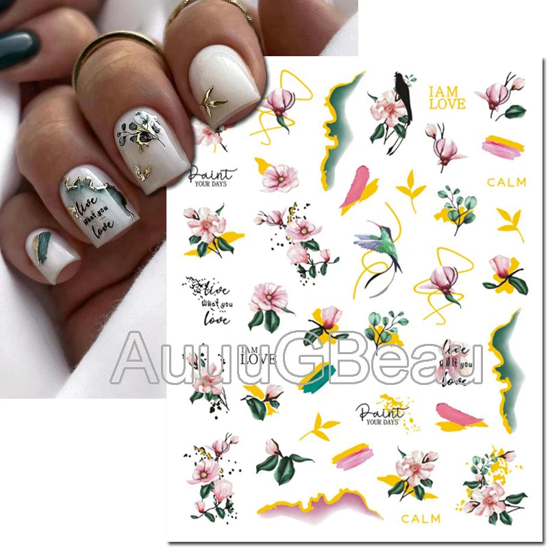 3d Nails Art Decals Spring Fruits Pink Full Tips Peony Magnolia Flowers Adhesive Sliders Stickers Decoration For Nails Manicure