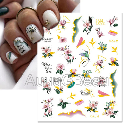 3d Nails Art Decals Spring Fruits Pink Full Tips Peony Magnolia Flowers Adhesive Sliders Stickers Decoration For Nails Manicure