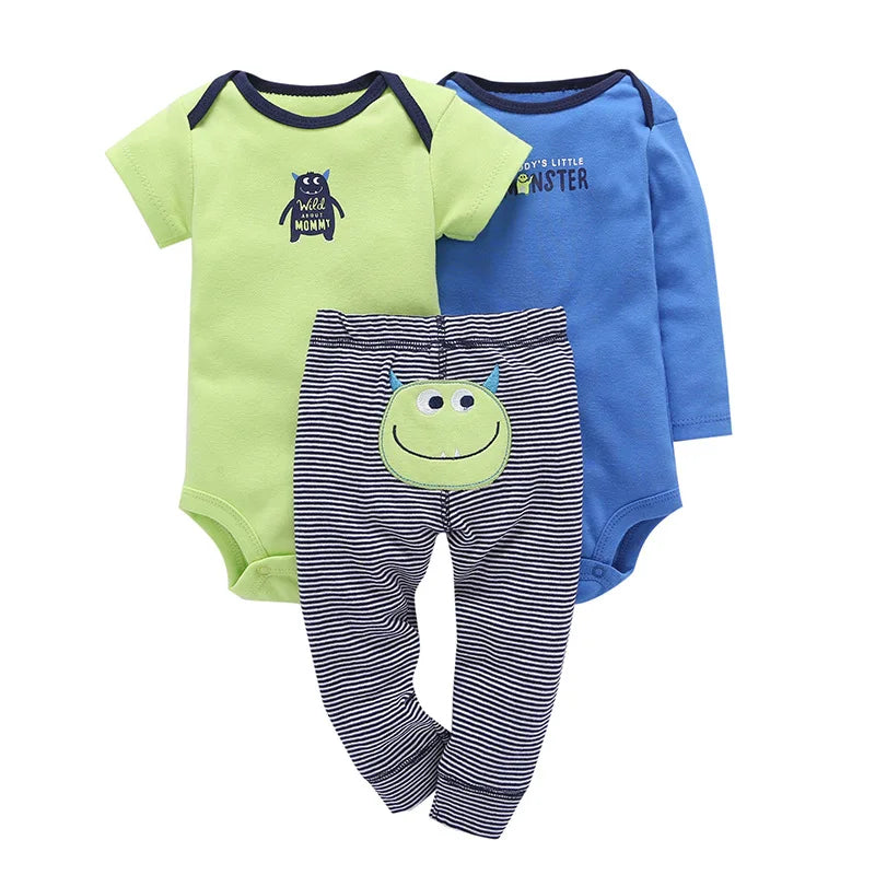 Lovely Baby Boy bodysuits 3Pcs/sets Long Sleeved Clothes PP Pant Cotton Infant Sporty Girl Short Sleeved Bodysuits