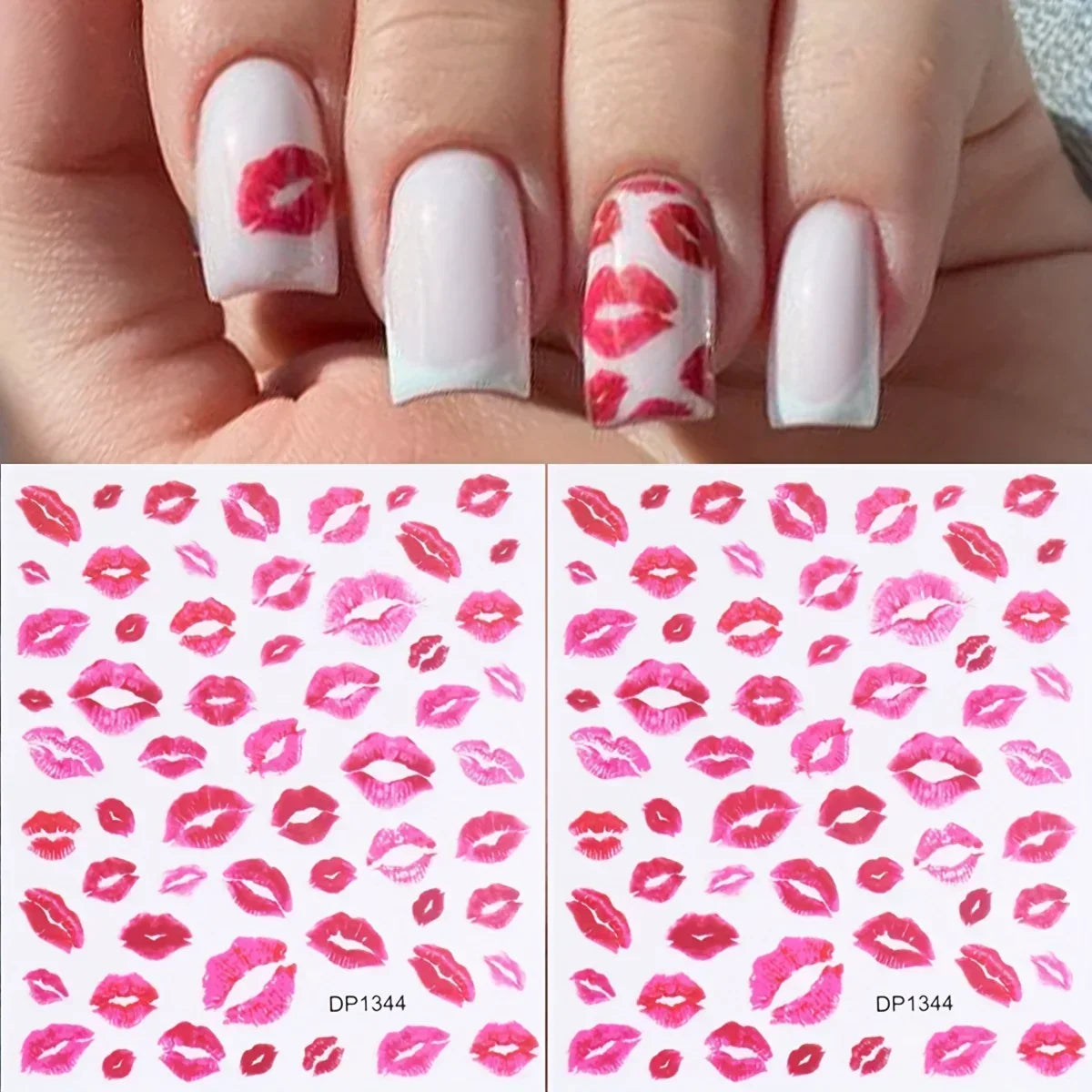 Fantasy Heart & Kiss Print Nail Art Stickers - Self-Adhesive, Matte Finish Decals for Easy DIY Manicures, Single Use