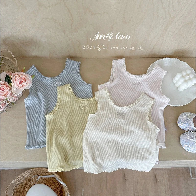 Girls' Ribbed Camisole with Embroidery & Ruffle Trim – Soft Spaghetti Strap Tank Top for Summer, Layering or Beach Wear