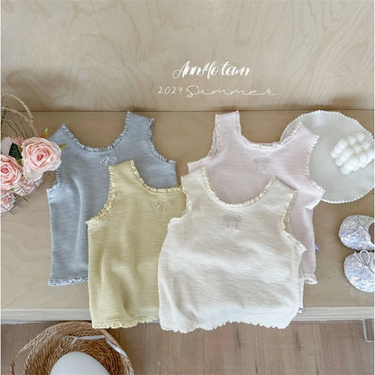 Girls' Ribbed Camisole with Embroidery & Ruffle Trim – Soft Spaghetti Strap Tank Top for Summer, Layering or Beach Wear