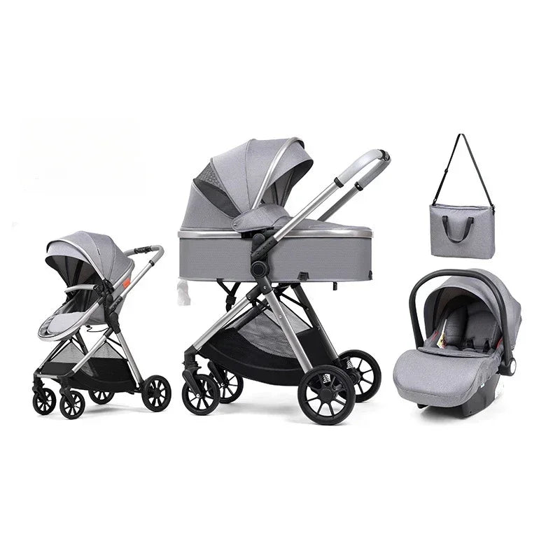 3-in-1 baby stroller, high landscape stroller, equipped with car seat, mom bag, one click folding, can sit and lie down