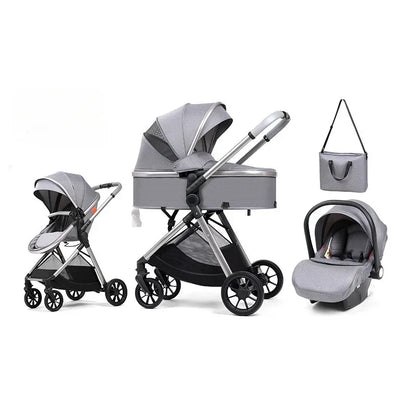 3-in-1 baby stroller, high landscape stroller, equipped with car seat, mom bag, one click folding, can sit and lie down