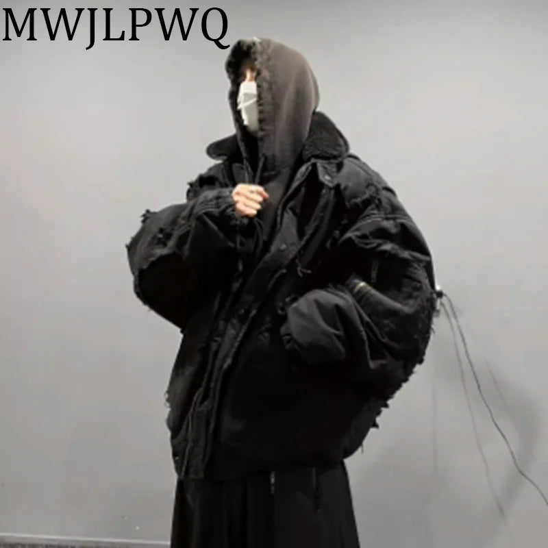 MWJLPWQ Fake Two Pieces Retro Distressed Hooded Cotton Jacket Men's New High Street Zipper Washed Hiphop Padded Winter 010528