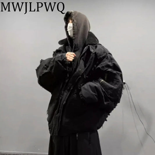 MWJLPWQ Fake Two Pieces Retro Distressed Hooded Cotton Jacket Men's New High Street Zipper Washed Hiphop Padded Winter 010528