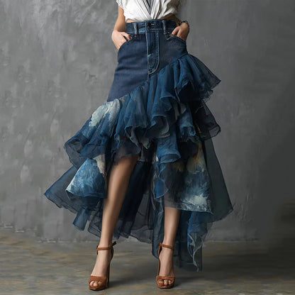 Women's Denim Patchwork Ruffle Maxi Skirt High Waisted Asymmetrical Sheer Tulle Layered Skirt For Female Fashion Outfits  Skirts
