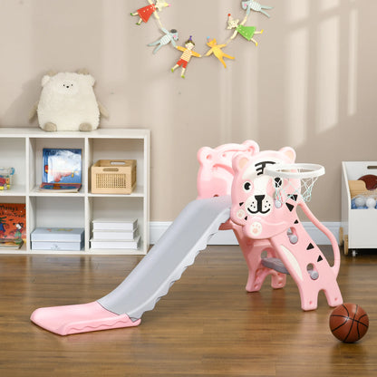 Children’s slide, indoor children’s slide, with a basketball hoop, tiger theme, for 18 to 36 months, pink