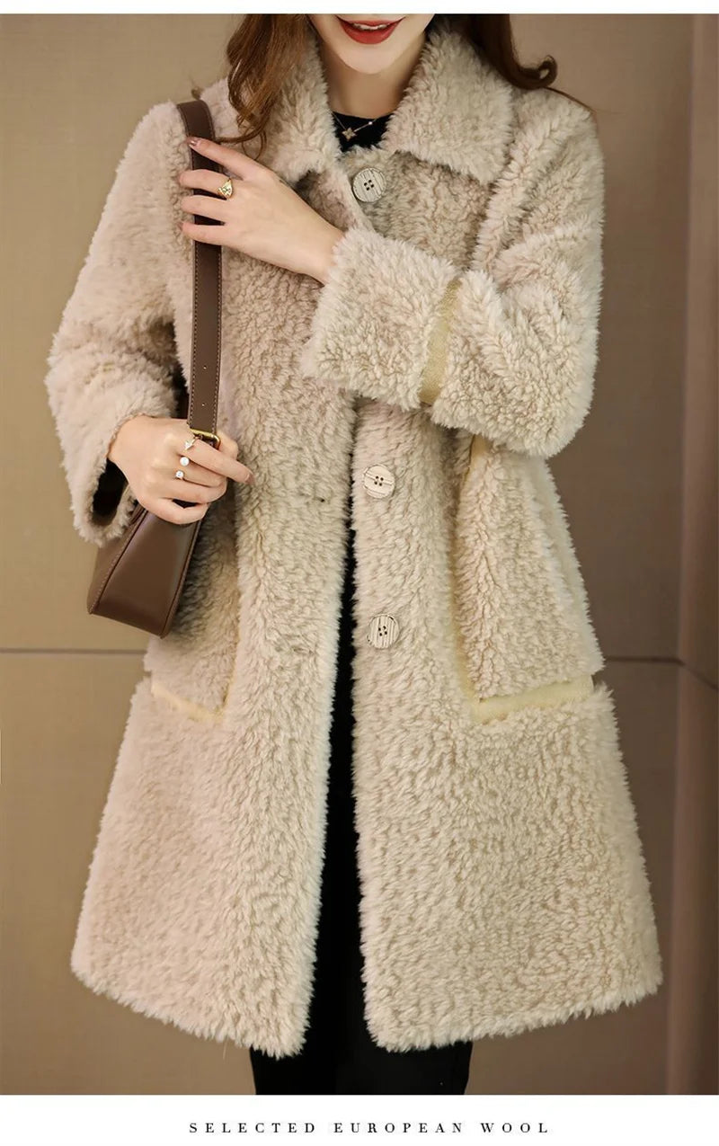 Female Winter Slim Grain Wool Middle Long Coat Women New Middle-Aged And Elderly Cashmere Thickened Imitation Lamb Wool Overcoat