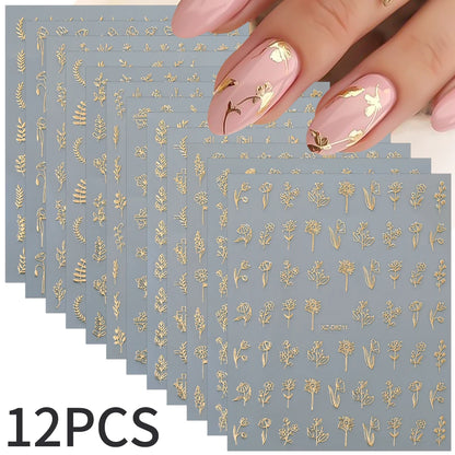 12Pcs 3D Gold Exquisite Flower Leaf Nail Art Stickers Metallic Floral Leaves Self-Adhesive Nail Decals DIY Retro Manicure Decor