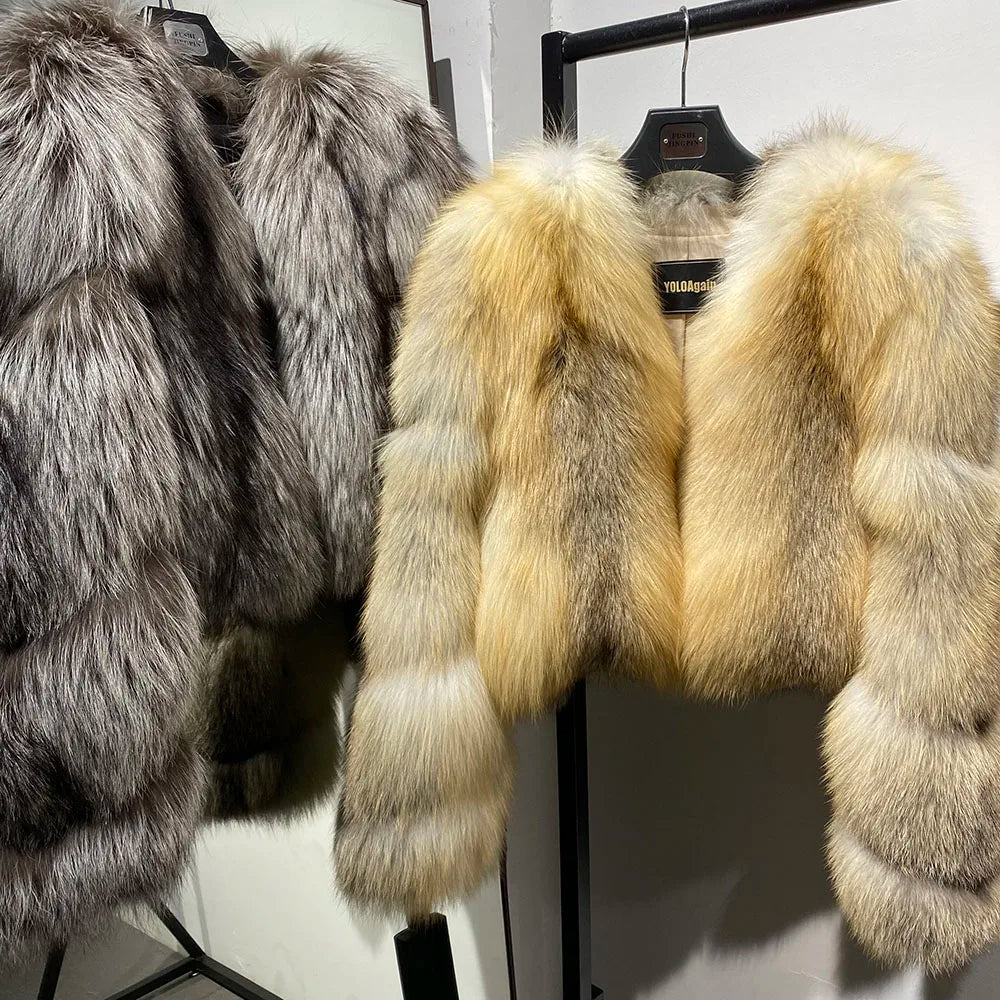 YOLOAgain Women's Natural Fox Fur Jacket 2025 Winter Warm Luxury Real Fox Fur Coat