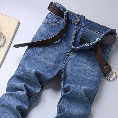 Spring Autumn Business Men Jeans Casual Straight Stretch Fashion Classic Black Sky Blue Grey Work Denim Trousers Brand Clothing