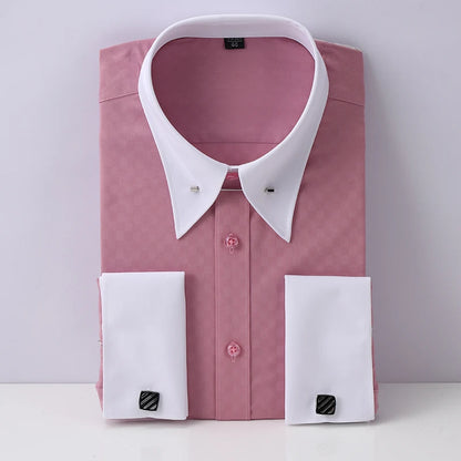 Embroidered French Cufflinks Men's Long-Sleeve Shirt with Collar Pins, Big Collar Dress Shirt for Business Formal Wear, Gentlema