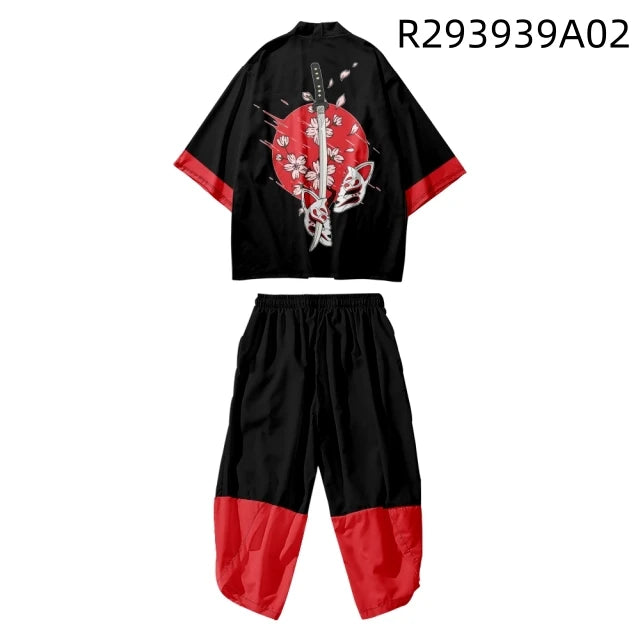 Large Size 5XL 6XL Japanese Kimono Cardigan Pants Set Print Fox Men Women Shirt Tradition Yukata Haori Obi Cosplay Costume