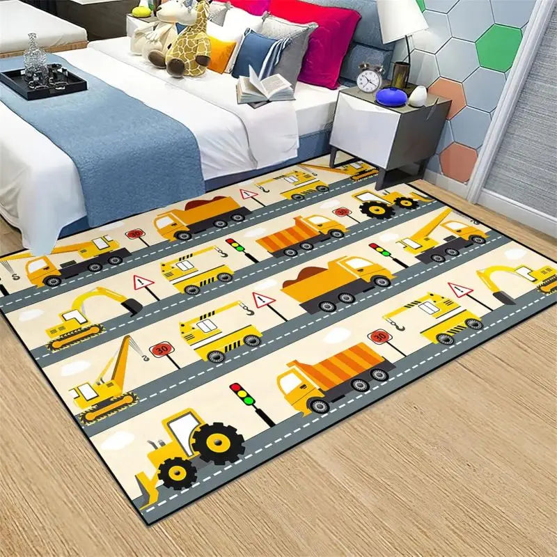 Construction Car Print Area Rug Washable Carpets for Kids Bedroom Living Room Kitchen Entrance Mat Non Slip Flannel Mats