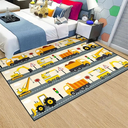Construction Car Print Area Rug Washable Carpets for Kids Bedroom Living Room Kitchen Entrance Mat Non Slip Flannel Mats