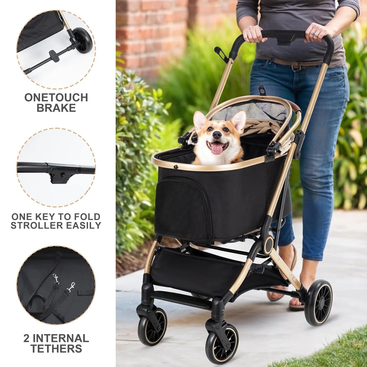 Pet Stroller 3 In 1 Foldable 4 Wheel For Small Medium Pets 50lbs Capacity Detachable Portable Travel Carrier With Storage