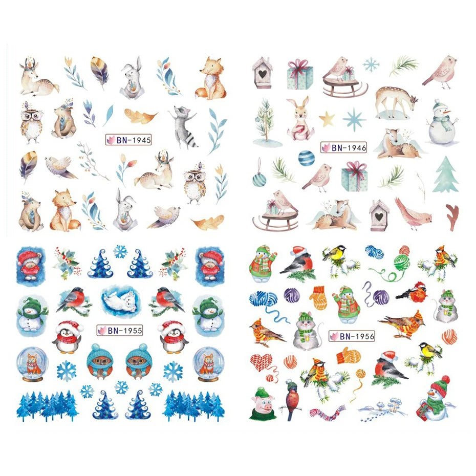 12pcs Cute Penguin Winter Nail Stickers Birds Bear Cat Cartoon Animal Snowflake Sliders Water Decals Decoration Xmas Tips Foils