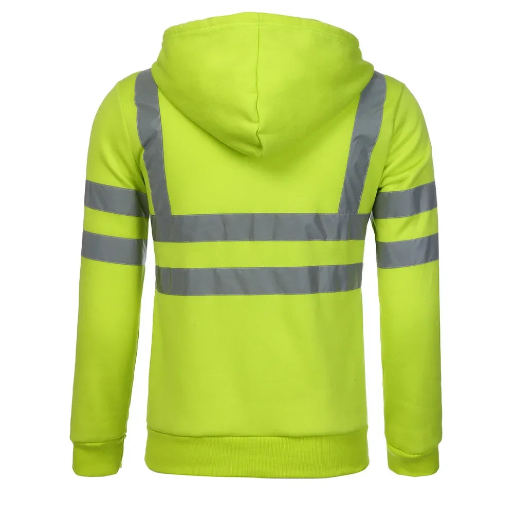 Men Reflective Strip Hoodies Casual Fit Work Safety Jackets Autumn Thin Fleece Hooded Zipper Sweatshirt Coats Workwear For Men