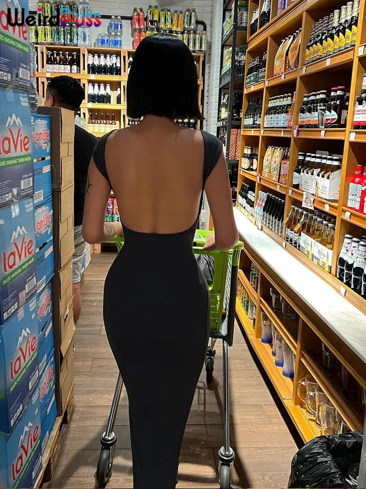 Weird Puss Backless Sexy Women Maxi Dress Short Sleeve Slim Fit Elastic Casual Solid Streetwear Club Party Ladies Summer Bodycon